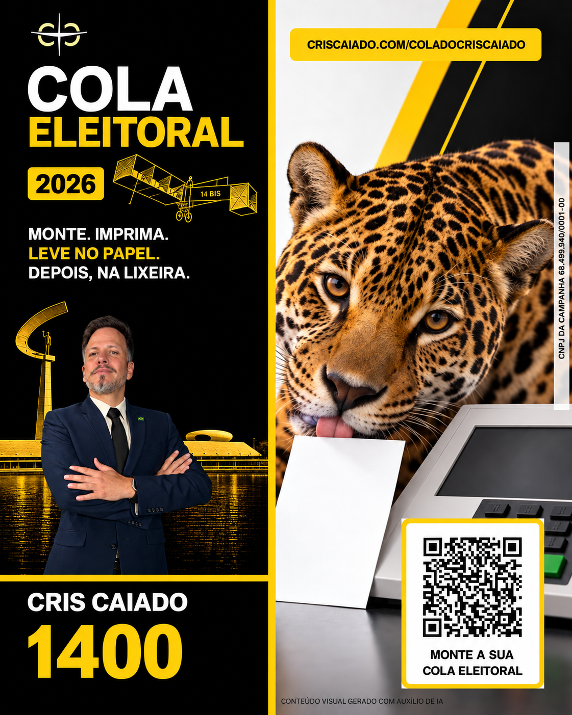 Cola Eleitoral 2026 restaurada de Cris Caiado 1400, com 14-Bis, Memorial JK, jaguar, urna eletrônica e QR Code para montar a cola